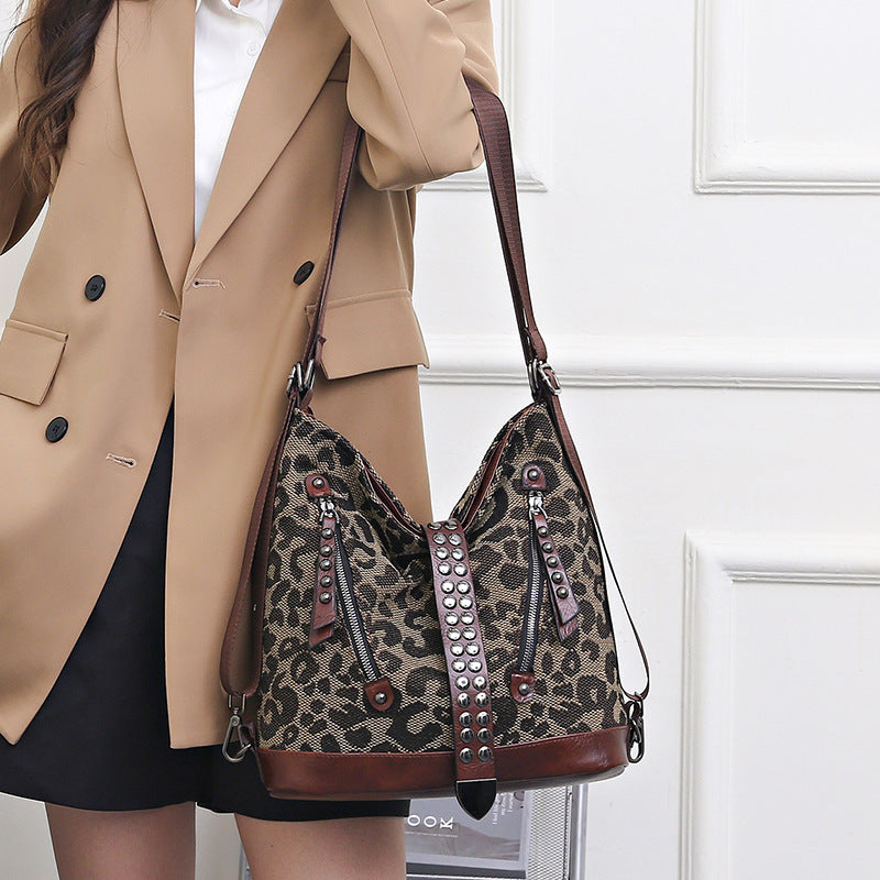 Wholesale PU Leopard Print Large Capacity Multifunctional Shoulder Bag Backpack